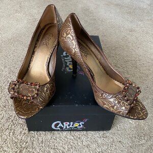 Carlos Santana Bronze & Brown Heels w/Embellished Peep-Toe – Sz 7.5 – LIKE NEW